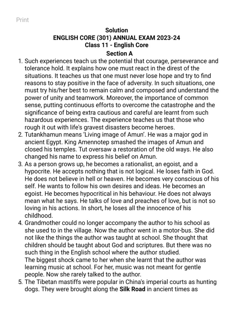 Print Solution of Class 11th English 20 Questions Paper PDF Tutankhamun Love