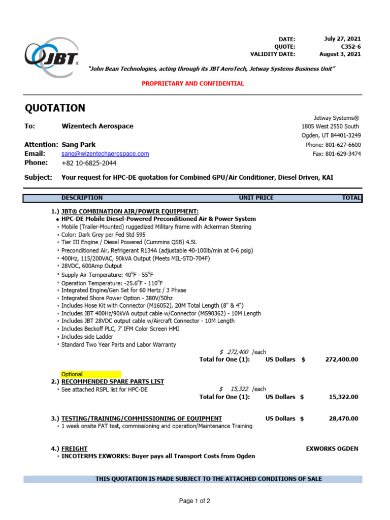 Quotation: To: Wizentech Aerospace Attention: Sang Park Email: Phone ...
