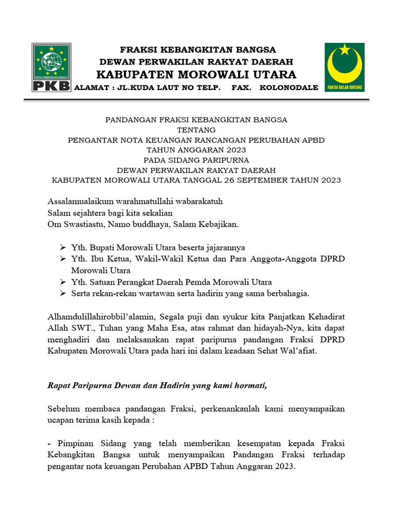 Pf. Pengantar Nota Keuangan Rapbd Perubahan Ta 2023 | PDF