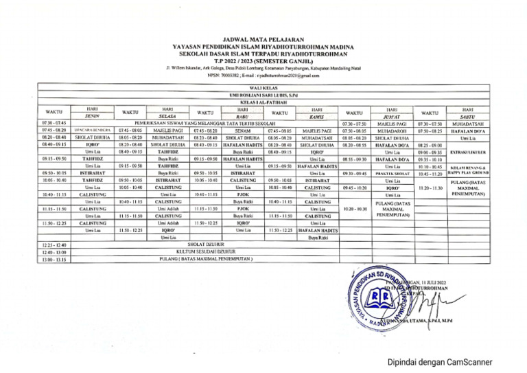 Roster Pelajaran Kelas I Al-Fatihah | PDF