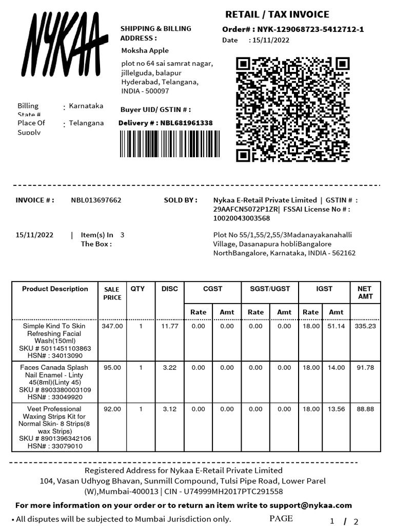 Nykaa E-Retail Invoice Details | PDF