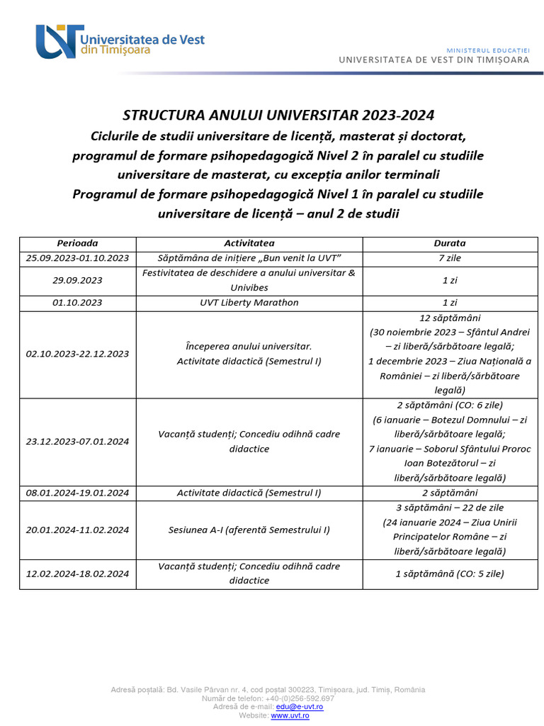 Structura Anului Universitar 2023 2024 PDF