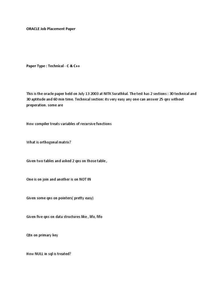 Oracle Placement Sample Paper 6 | PDF
