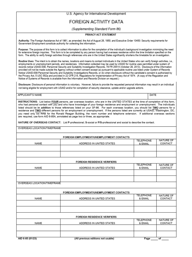 USAID Foreign Activity Data Form | PDF