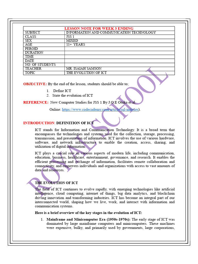 JSS 1 LESSON NOTE ON ICT PDF