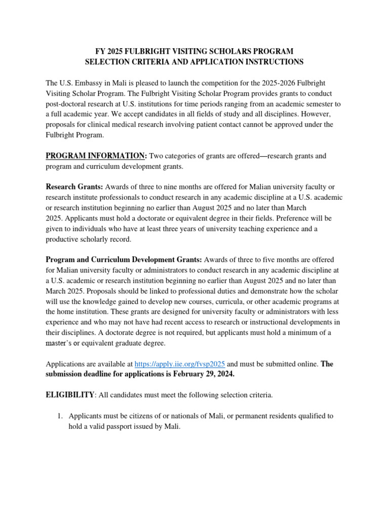 Fy 2025 Fulbright Visiting Scholars Program Selection Criteria and
