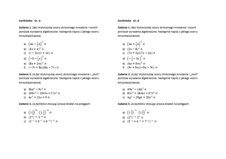 Wszystkie Wzory Matematyczne 8 Klasa Kartkówka. Wzory skroconego mnozenia | PDF