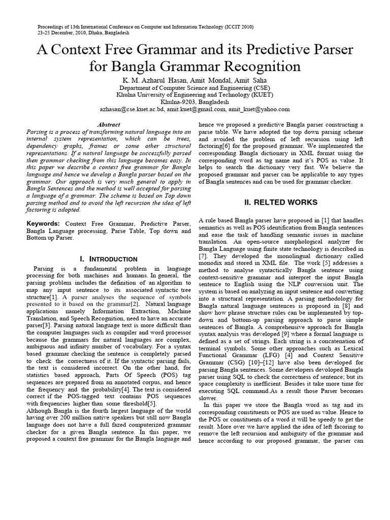 Hasan et al 2010 a context free grammar and its predictive parser