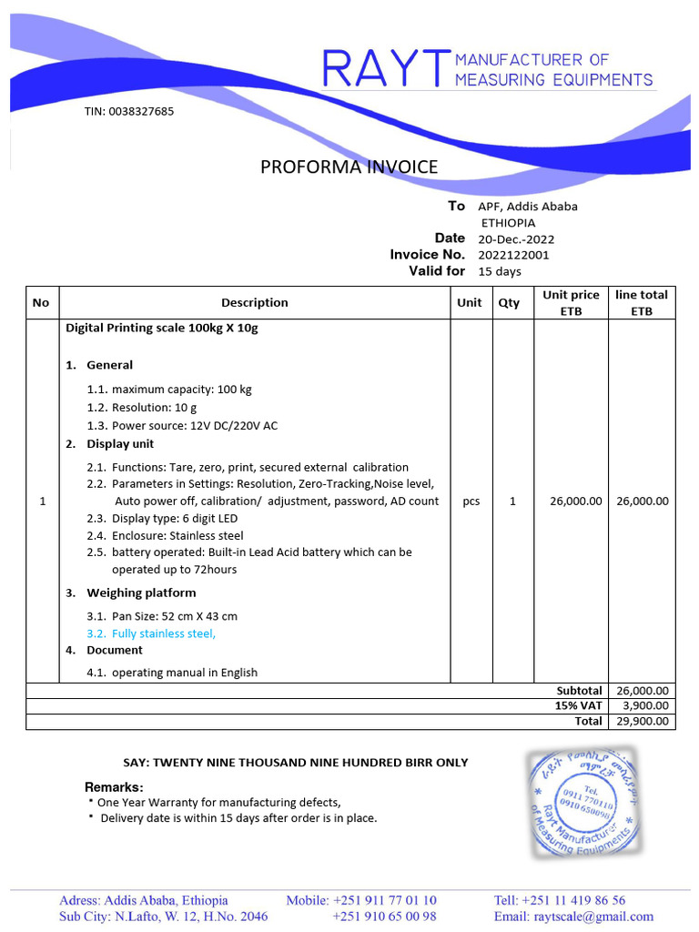 Proforma Invoice: APF, Addis Ababa Ethiopia 20 Dec. 2022 2022122001 15 ...