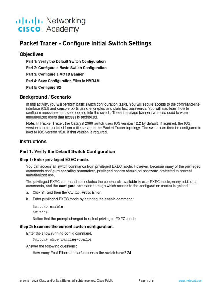 2 5 5 packet tracer configure initial switch settings pdf