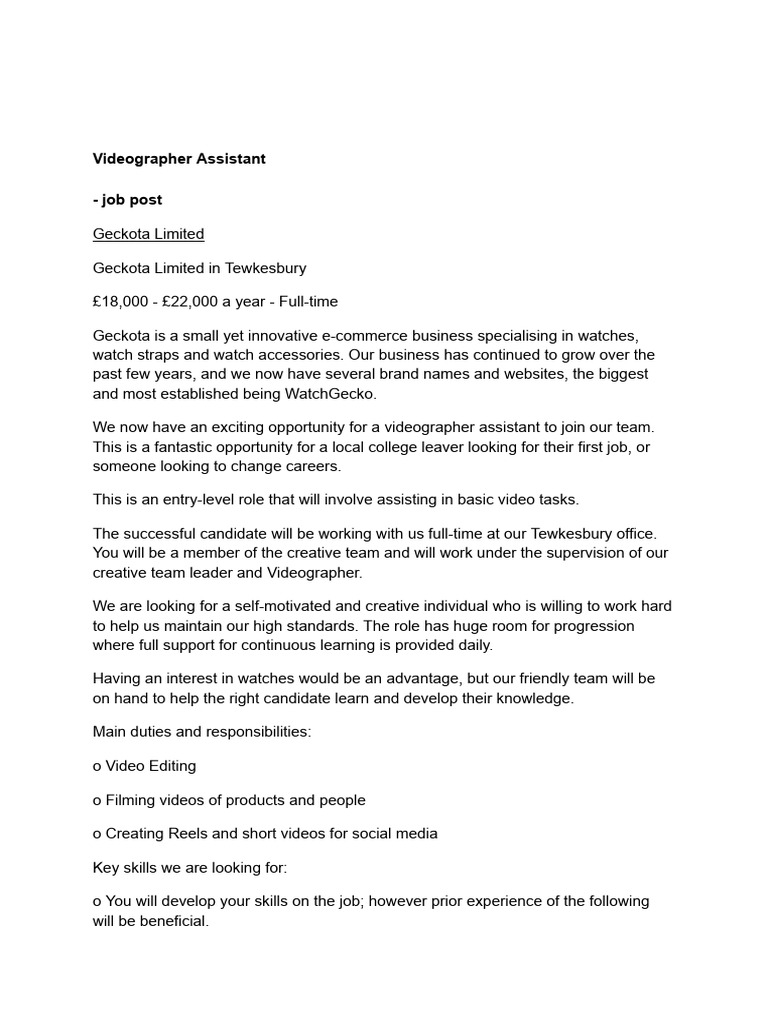 Videographer Assistant PDF