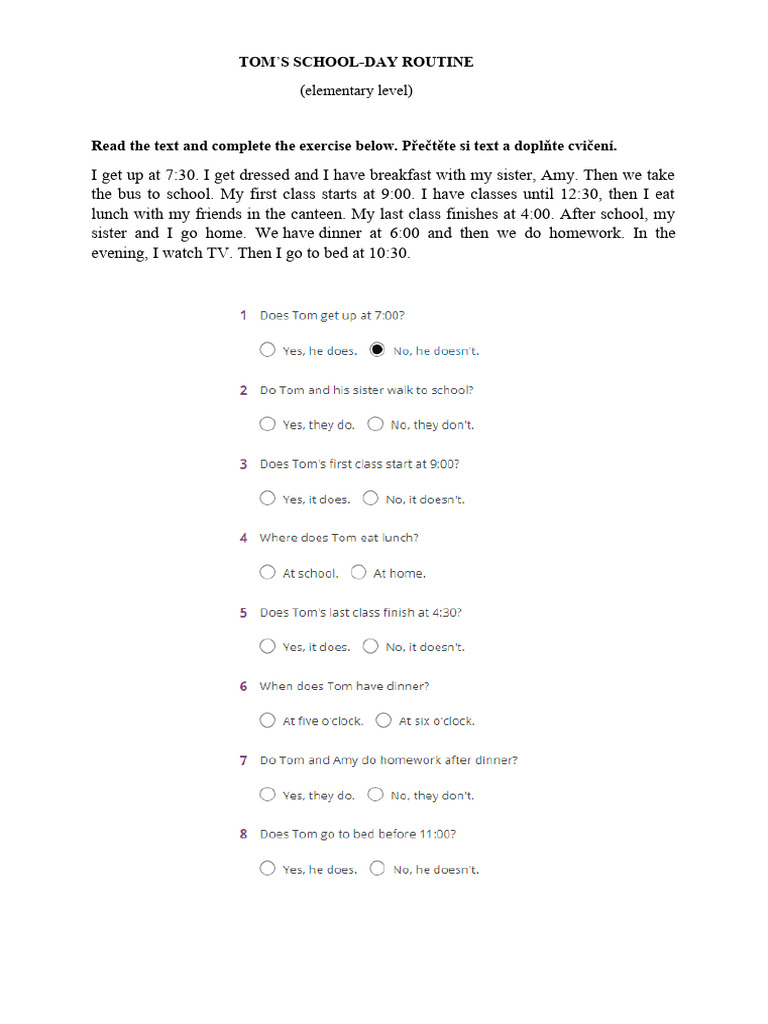Tom's Daily School Routine Worksheet | PDF | Cuisine | Eating Behaviors ...