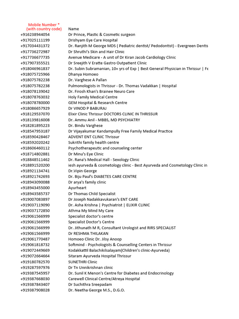 Thrissur Doctors Contact Directory | PDF | Clinic | Doctor Of Medicine