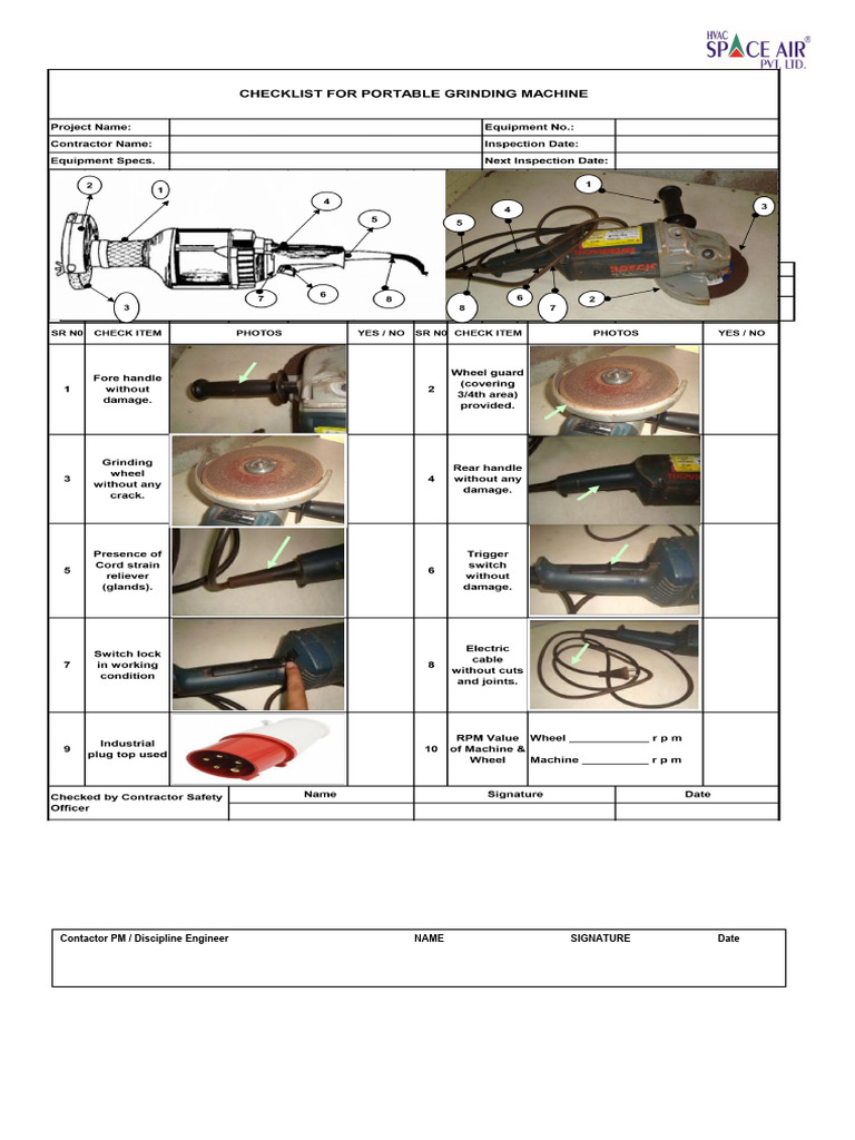 Checklist for Portable Grinding Machine PDF