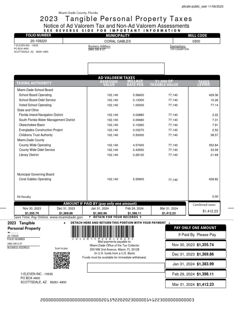 Miami Dade Tangible Property 20 159220 2023 Annual Bill PDF