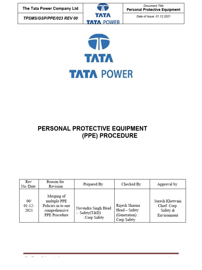 Tata Power PPE Procedure Overview | PDF | Personal Protective Equipment ...