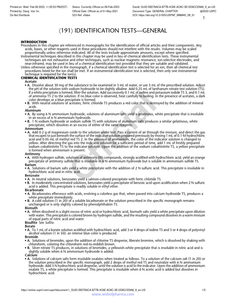 〈191〉 Identification TestsGeneral PDF