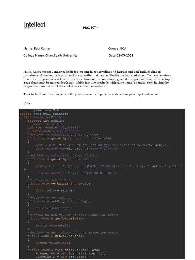 Java Program for Ice Cream Volume Calculation | PDF