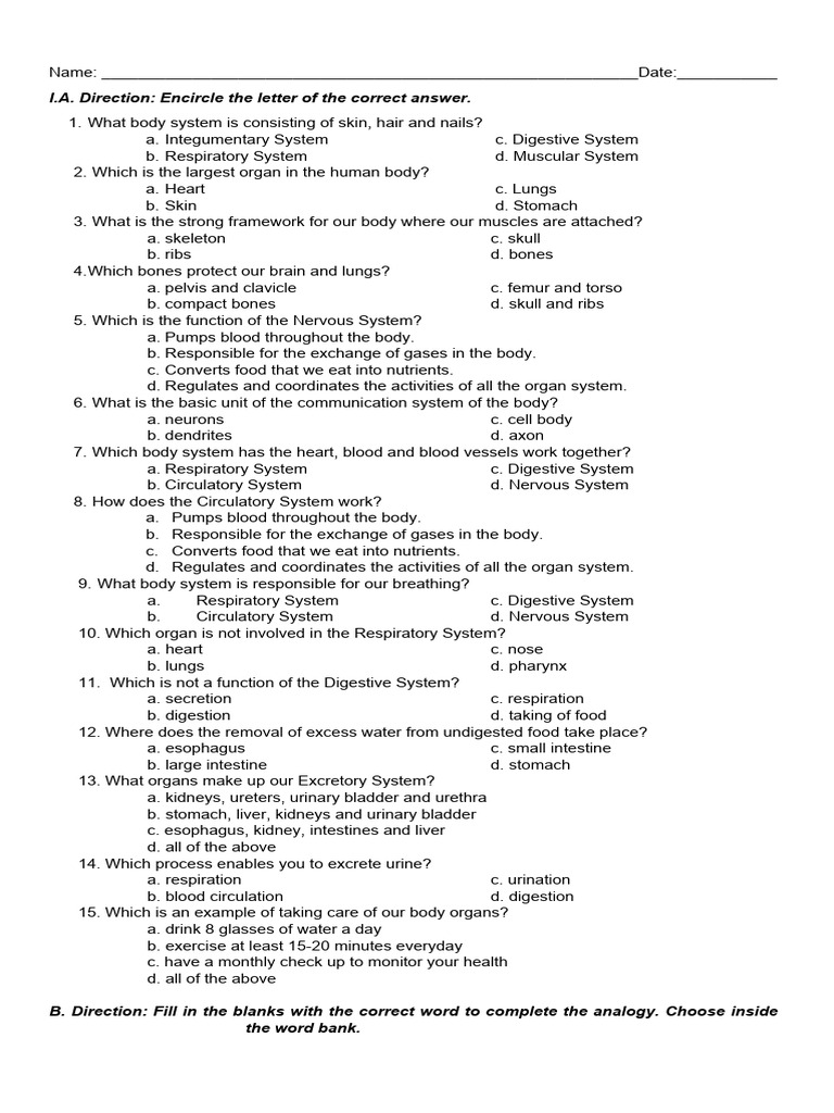 Body Systems Quiz And Activities Guide Pdf Self Improvement Wellness