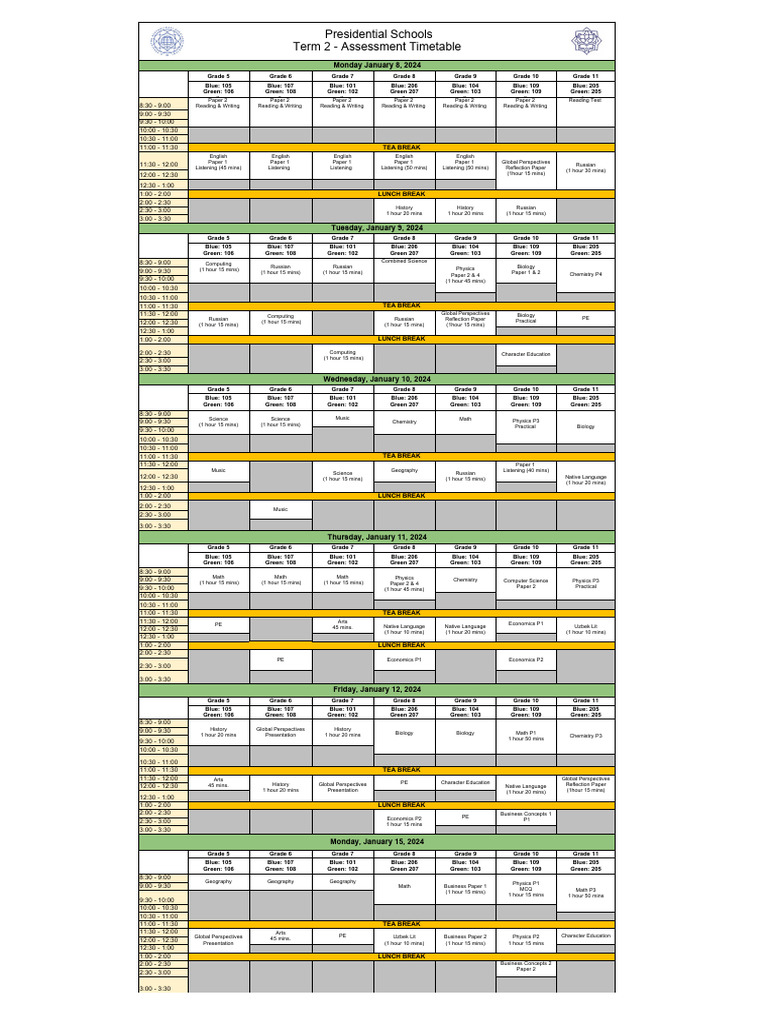 Term 2 Exam Timetable 2024 | PDF