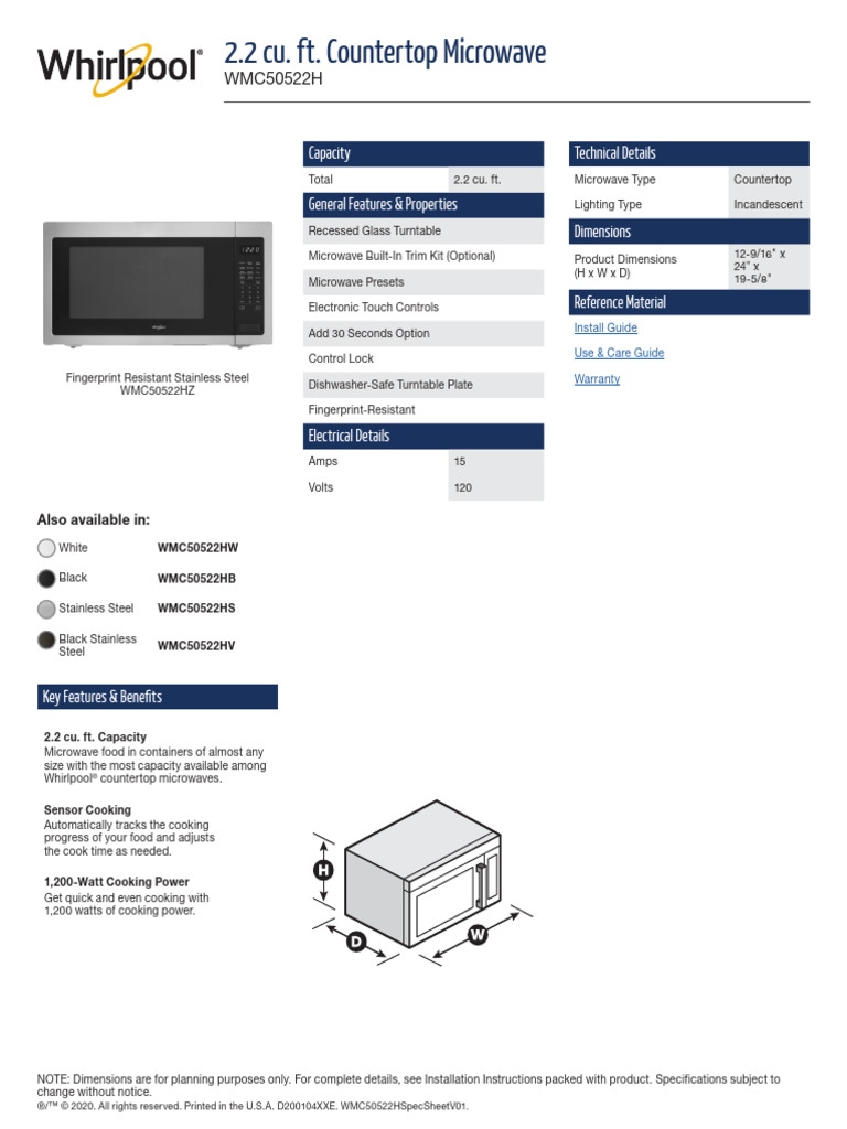 Specification Sheet Wmc50522hspecsheetv01 | PDF | Countertop ...