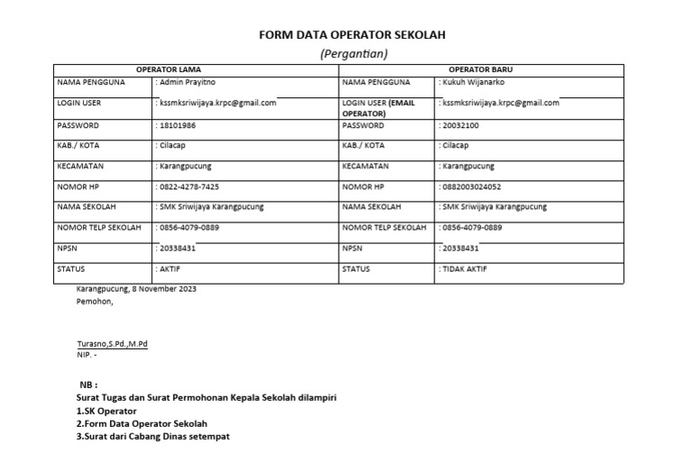 Surat Pergantian Operator Sekolah | PDF