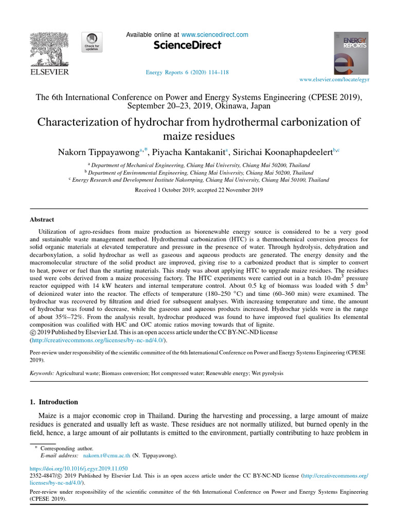 Characterization of Hydrochar From Hydrothermal Carbonization of Maize ...