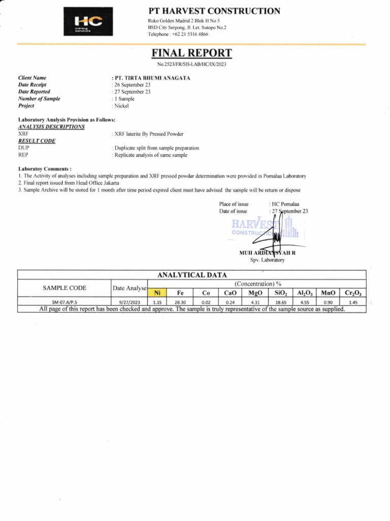 Nickel Analysis Report - XRF Results | PDF