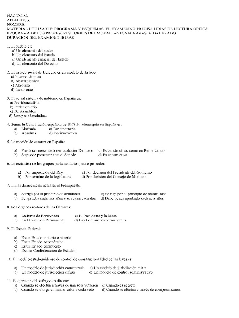 Examen de Derecho Constitucional | PDF | Política | Derecho