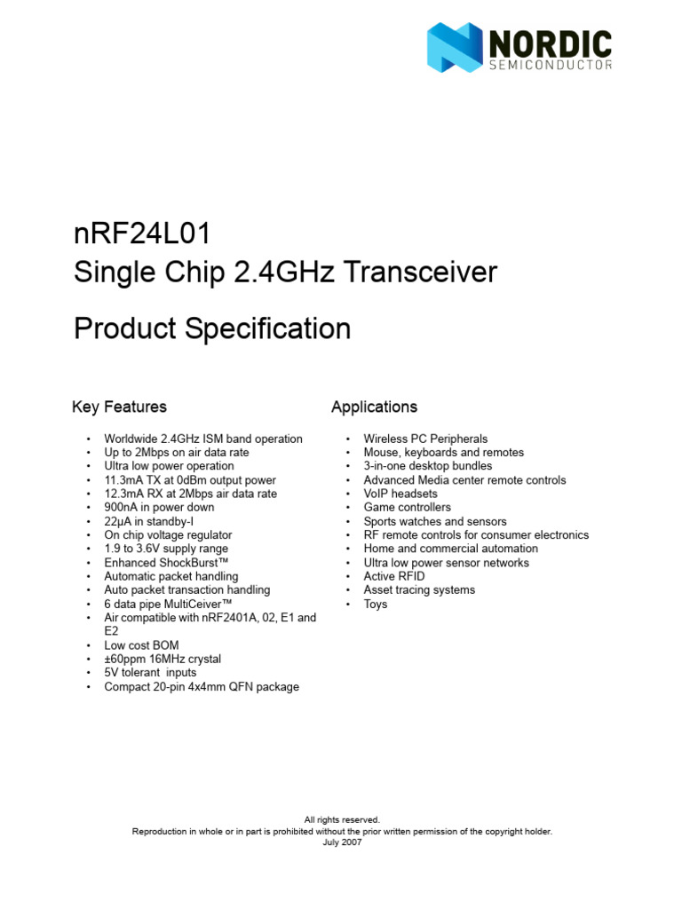 NRF24L01 Nordic | PDF | Microcontroller | Modulation