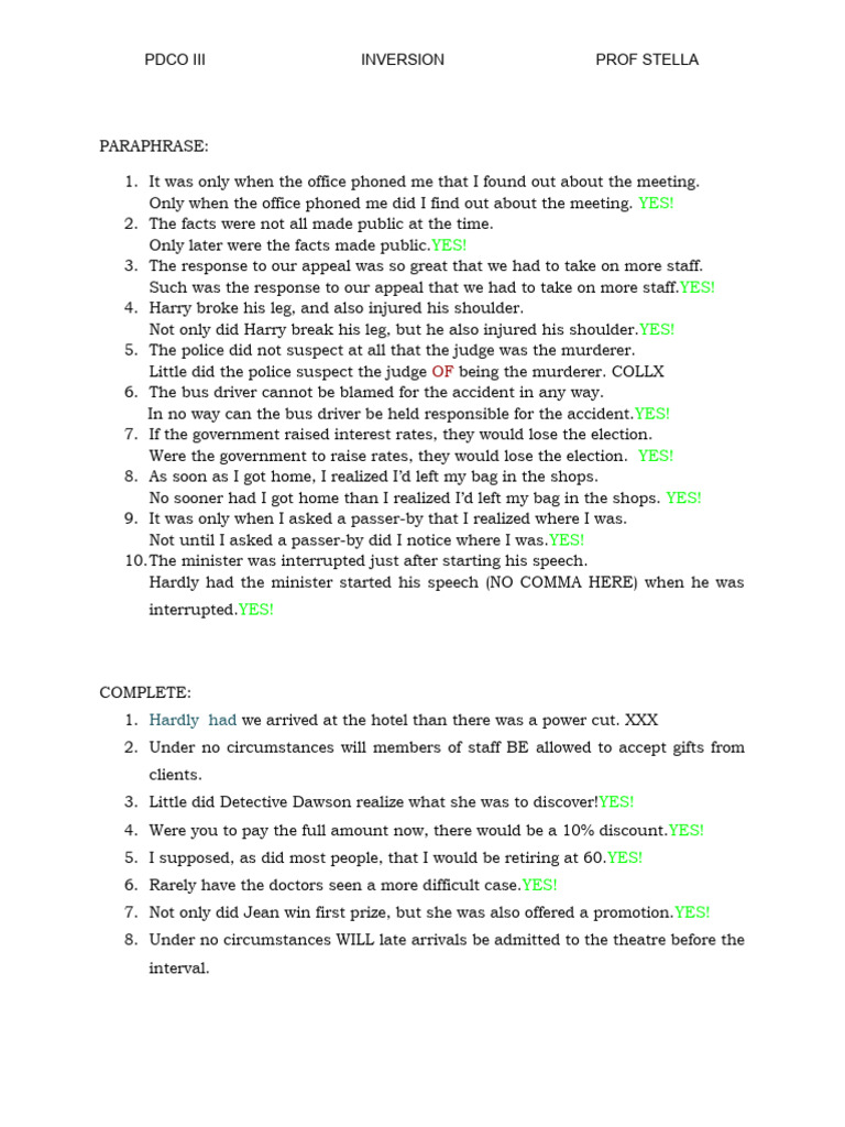 Inversion - Practice - Oral 3 - 2021 | PDF