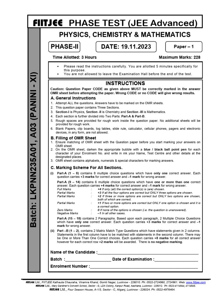 FIITJEE Phase Test Instructions & Format | PDF | Gases | Collision