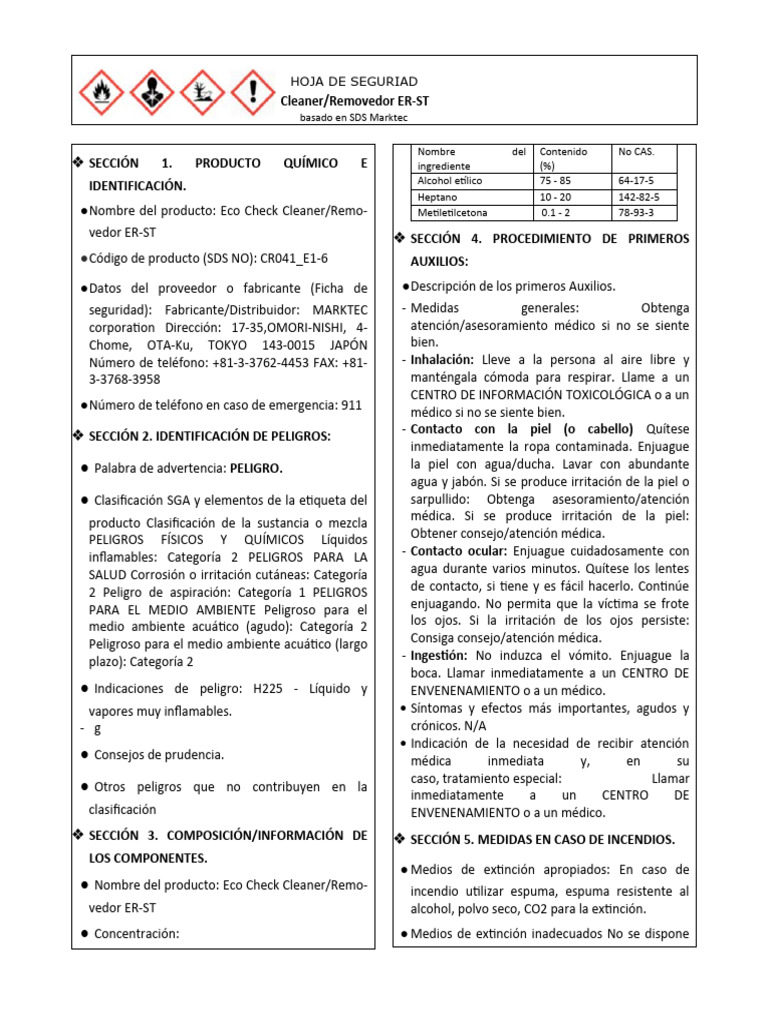 Hoja de Seguridad Del Cleaner PDF