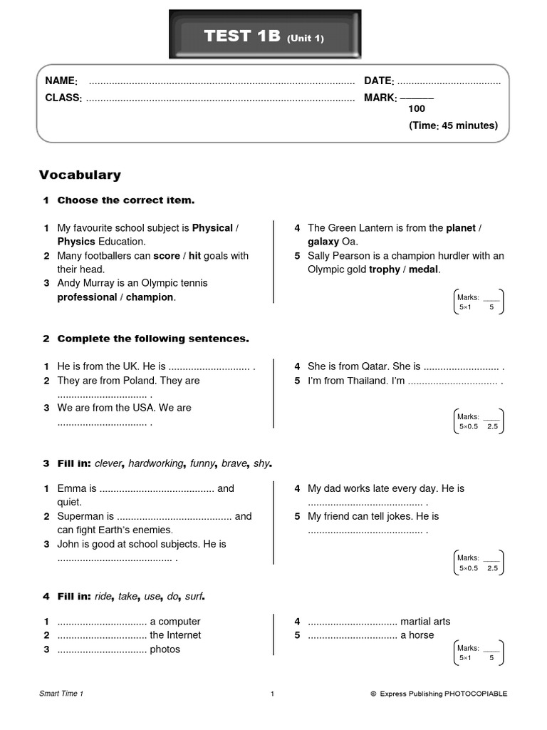 2 Smart Time 1 Test 1b | PDF