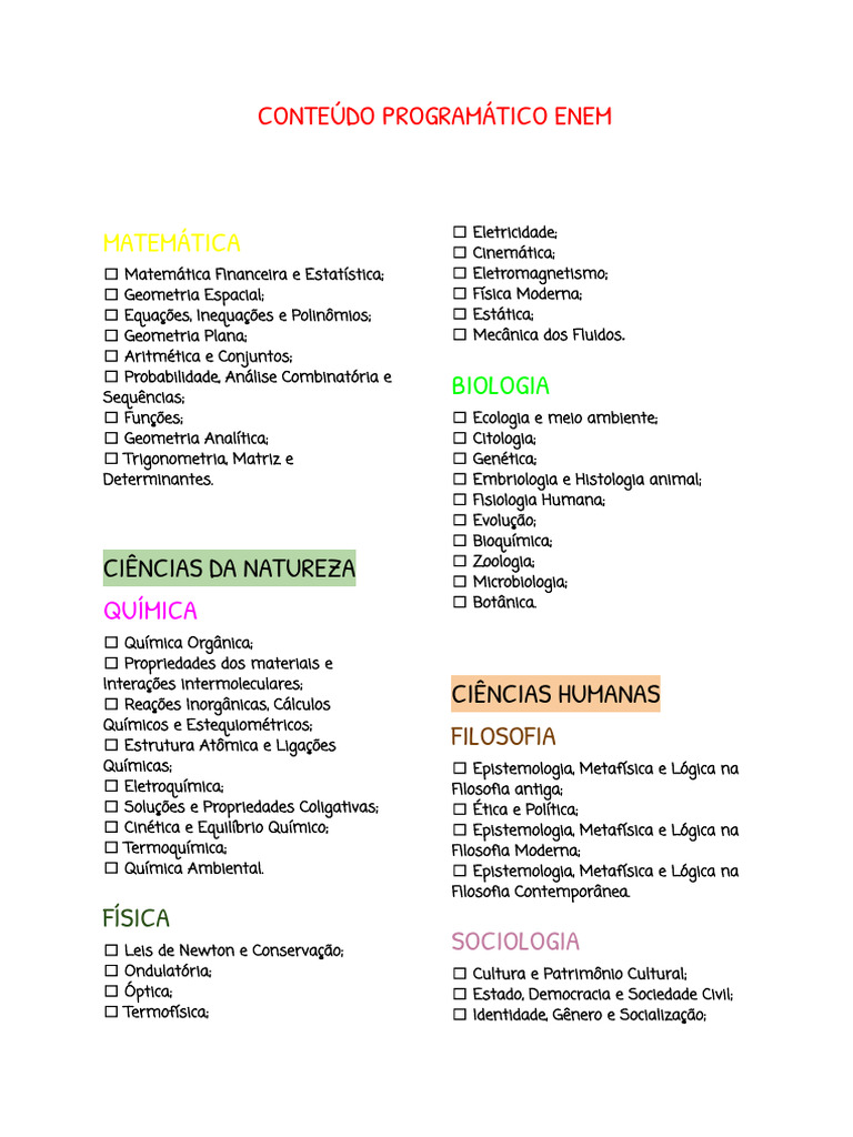 Conteúdo Programático Enem 2022 | PDF | Química | Sociologia