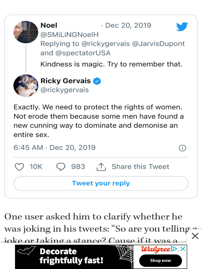 Ricky Gervais on Kindness and Women's Rights | PDF