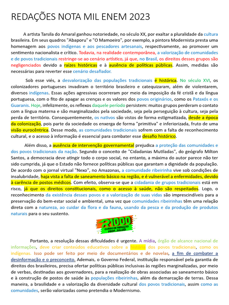 REDAÇÕES NOTA MIL ENEM 2023 2 REDAÇÕES Dia 20 - Parte 1 | PDF