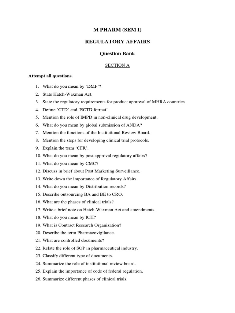 M Pharm Regulatory Affairs Question Bank | PDF