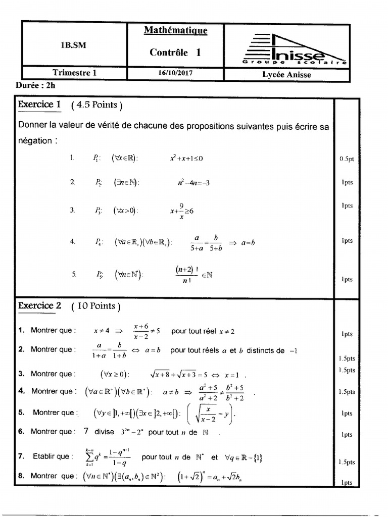 Devoir 1 Maths 1er BAC Sciences Mathematiques 1er Semestre Sections ...