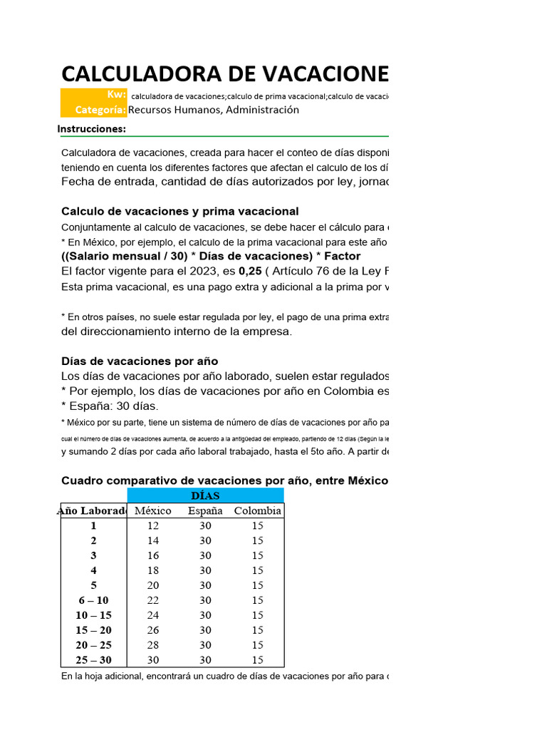 Calculadora de Vacaciones PDF Microsoft Excel México