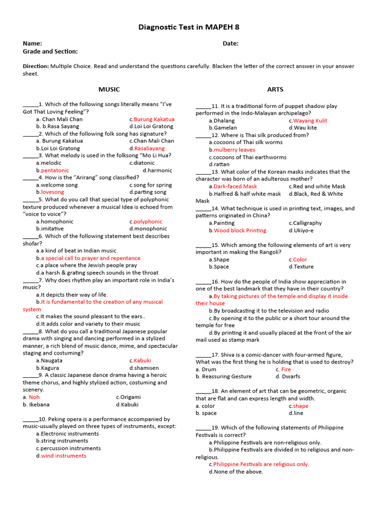 MAPEH 8 Diagnostic Test Overview | PDF | Dances | Performing Arts