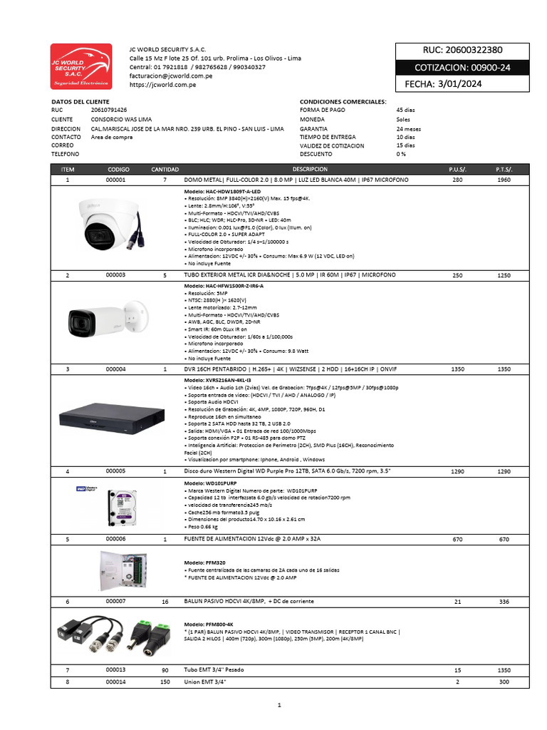 SJL - PROFORMA #00900-24 Cotizacion de Camaras | PDF | Hardware de la ...