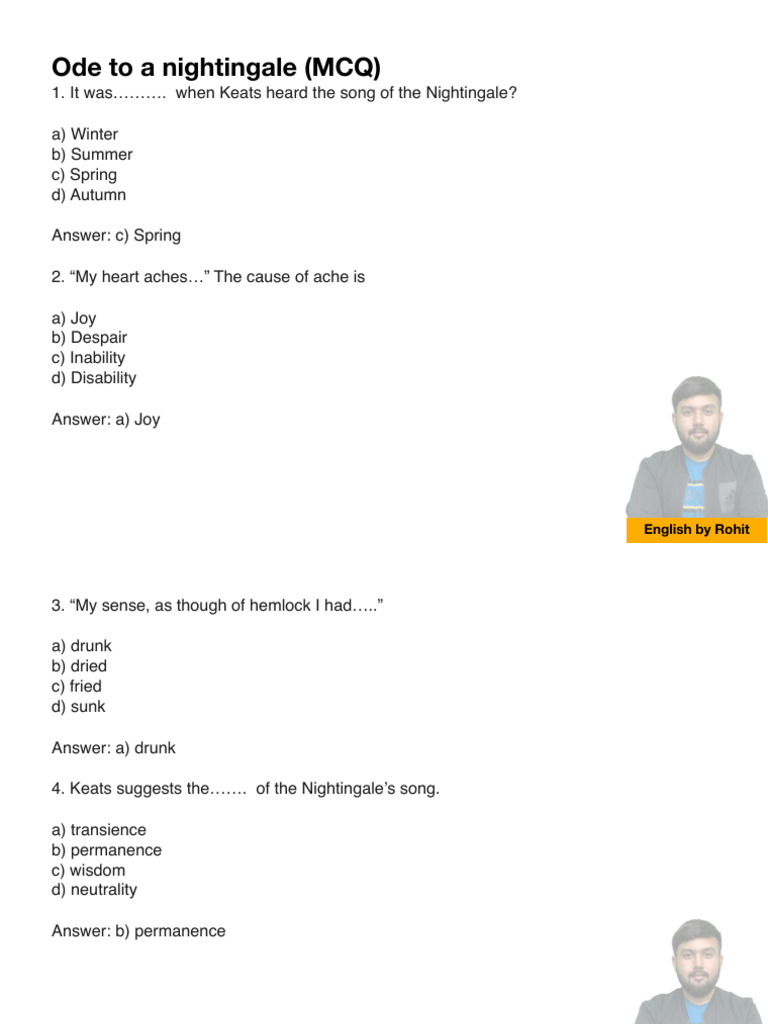 Ode to a Nightingale MCQs and Answers | PDF | John Keats | Poetry