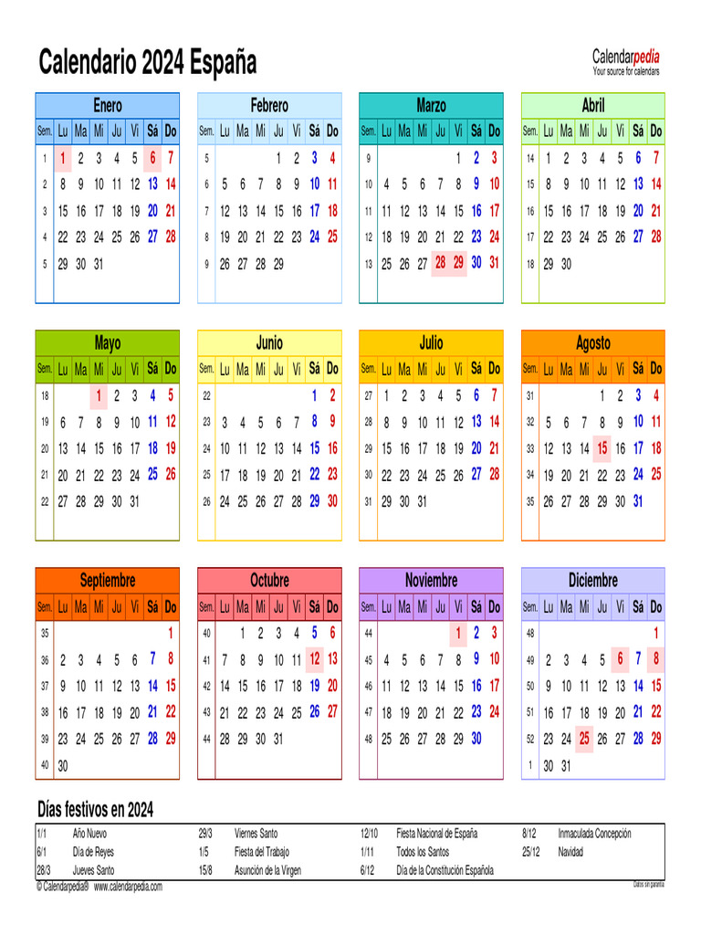 Calendario 2024 Horizontal Ano en Un Vistazo en Color | PDF