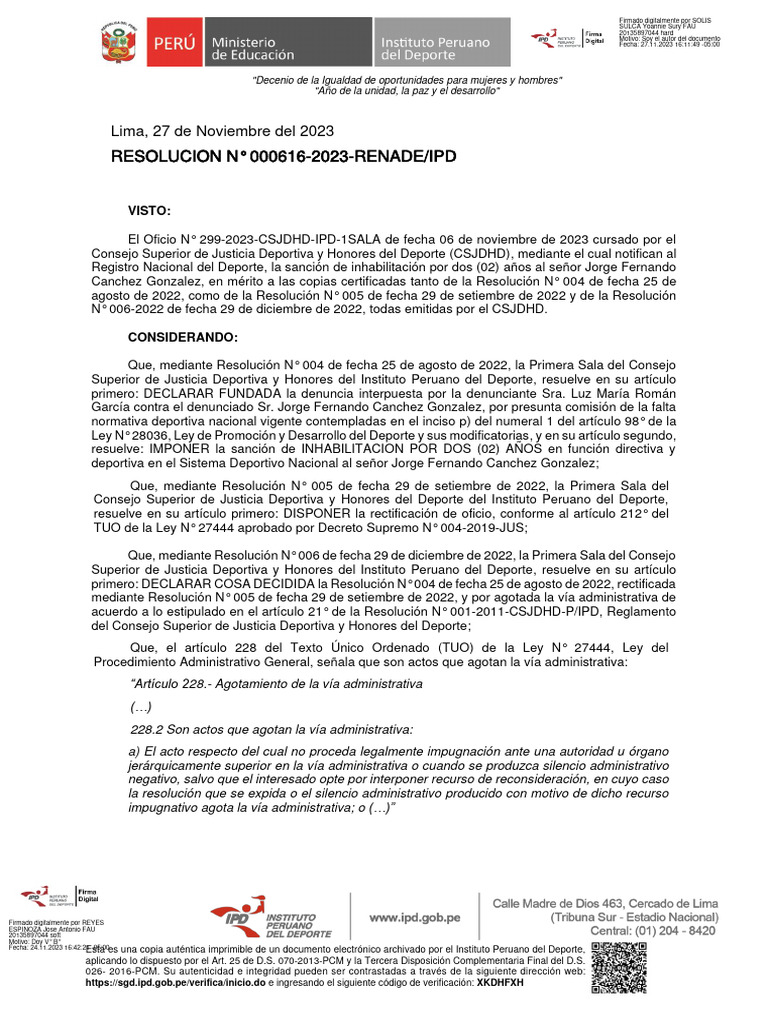 Resolucion Directoral 616 2023 Ipd Renade Canchez Gonzalez Jorge ...