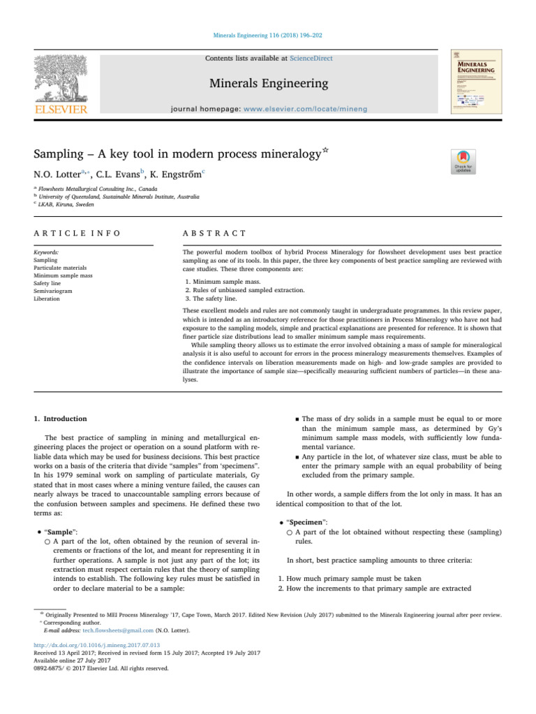 Sampling Key Tool Modern Process Mineralogy | PDF