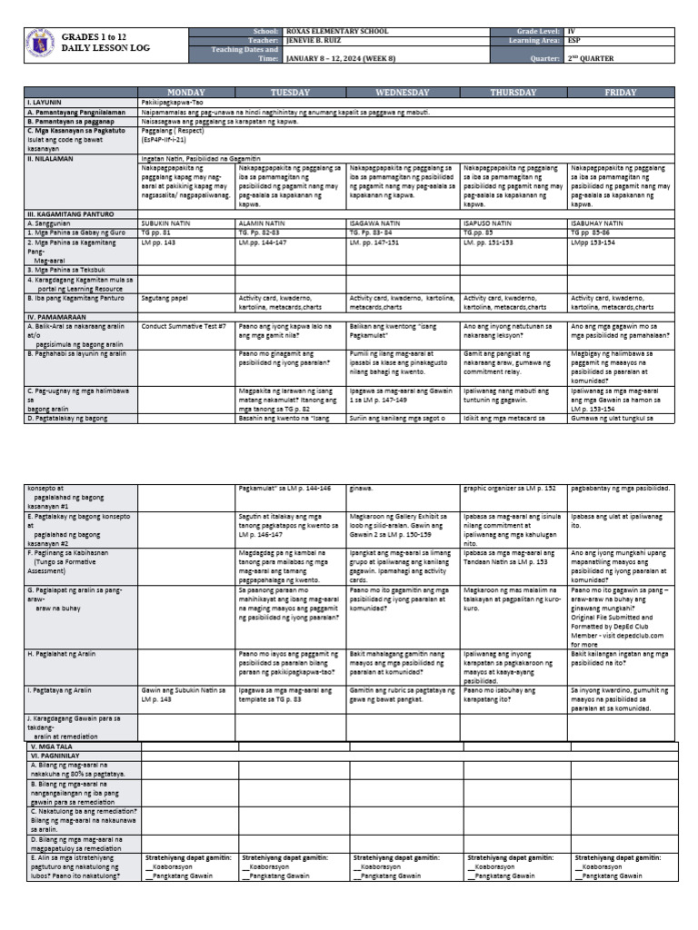 DLL - Esp 4 - Q2 - W8 | PDF