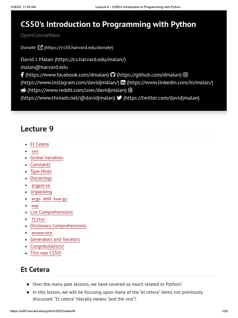 Lecture 9 - CS50's Introduction To Programming With Python | PDF
