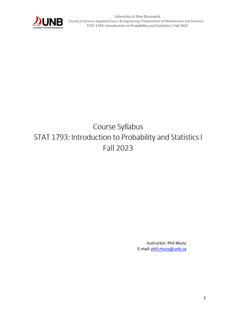 Course Outline - Stat1793 - Unbsj | PDF | Statistics | Probability ...