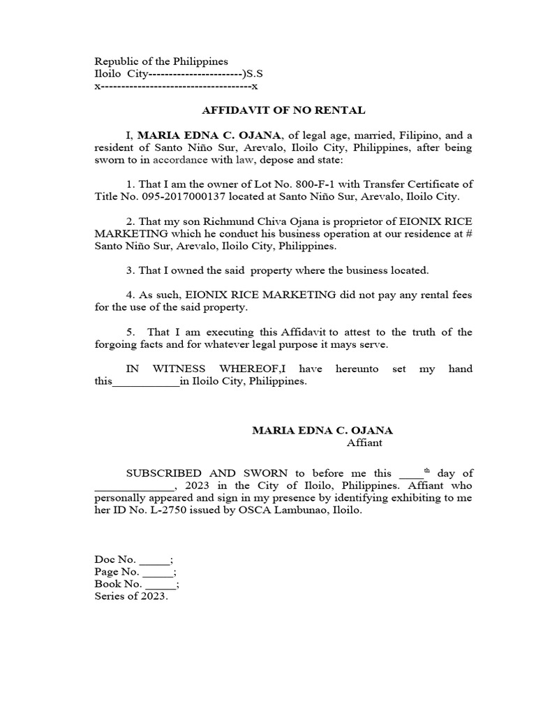 Affidavit of No Rental in Iloilo City | PDF | Law